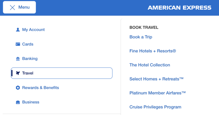 Selecting The Hotel Collection from the American Express Travel menu