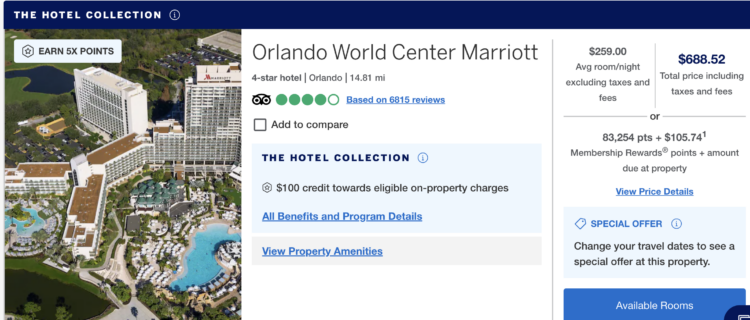 The Hotel Collection search results showing cash and points pricing options
