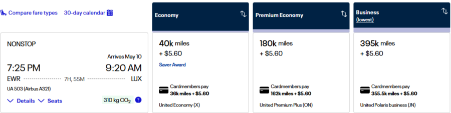 United award pricing from Newark to Luxembourg