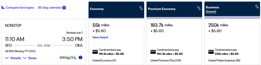 United award pricing from San Francisco to Okinawa