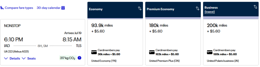United award pricing from Washington DC to Toulouse