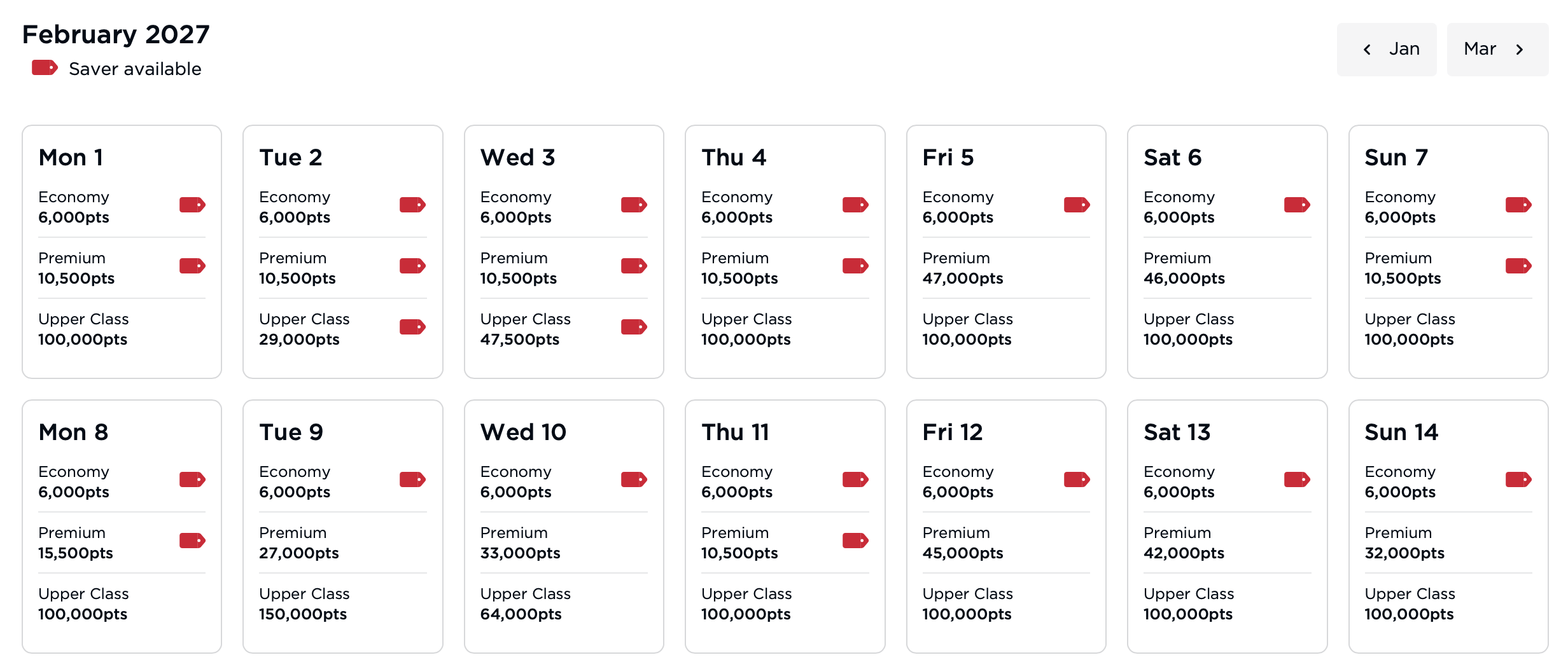 Virgin Alantic award chart calendar for February 27 showing economy, premium, and upper class fares for each date
