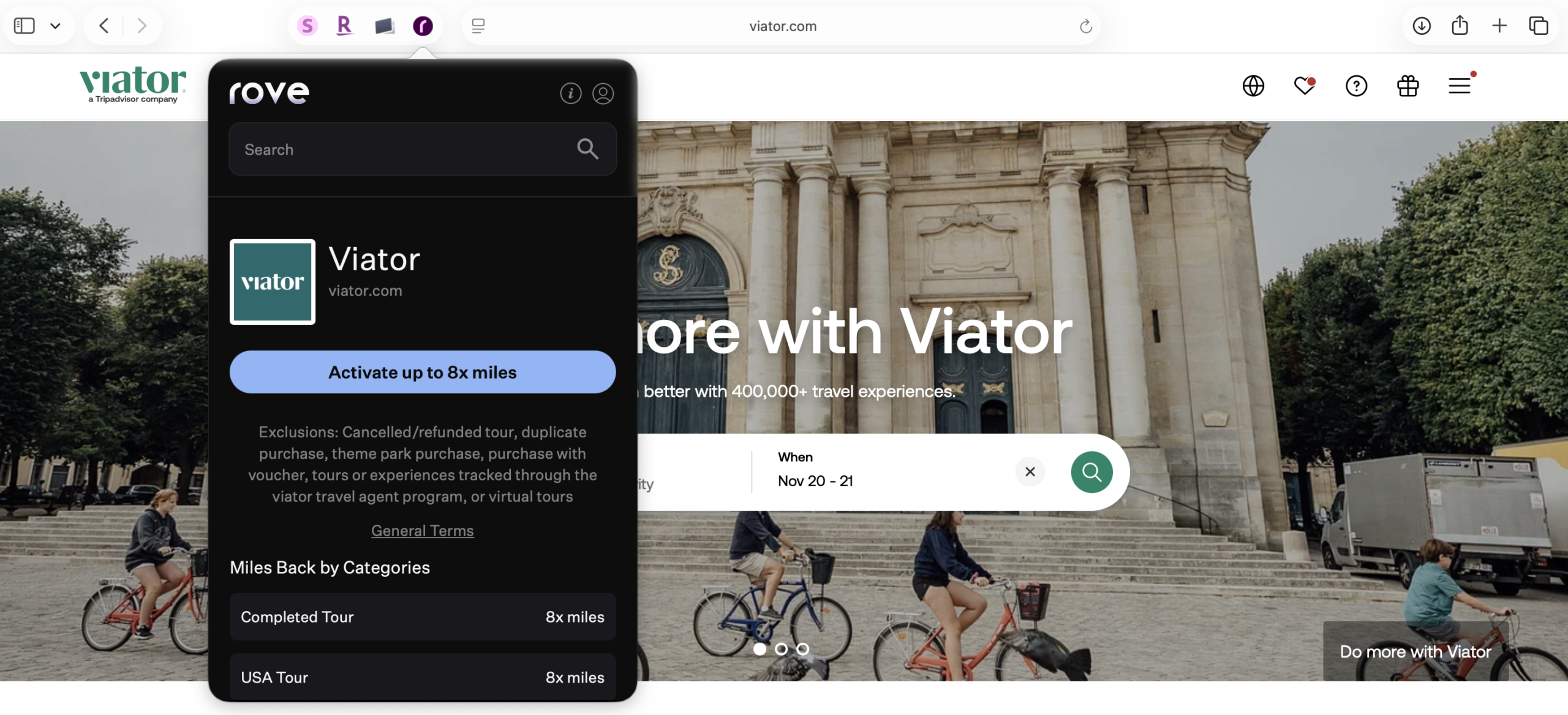 Viator home page with Rove extension enabled