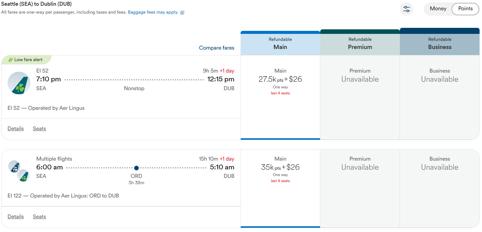Aer Lingus direct and mixed-partner award prices. Screenshot of Alaska. 