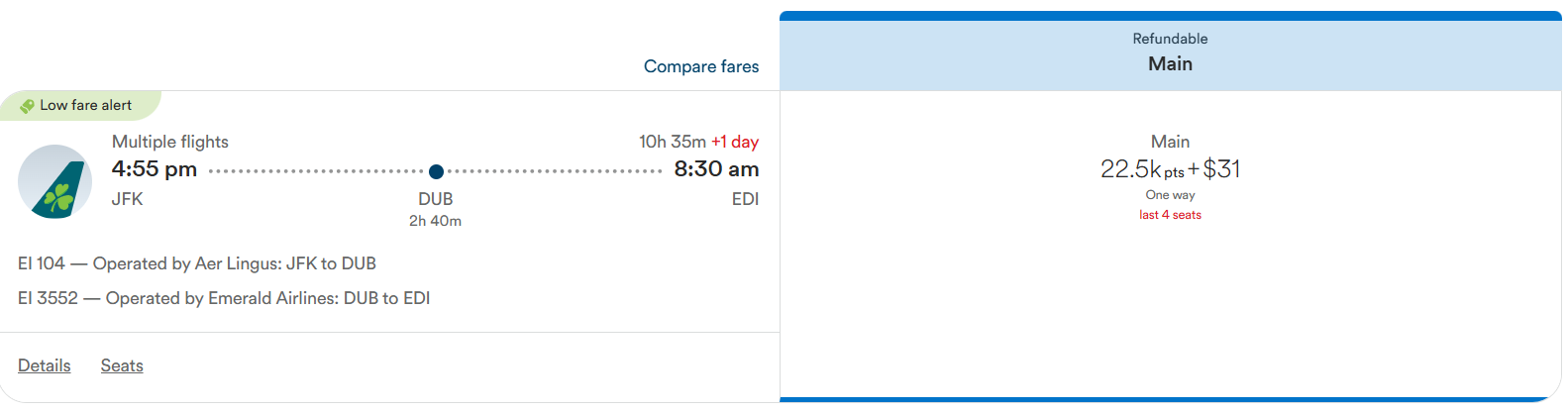New York (JFK) to Edinburgh (EDI) via Dublin (DUB)