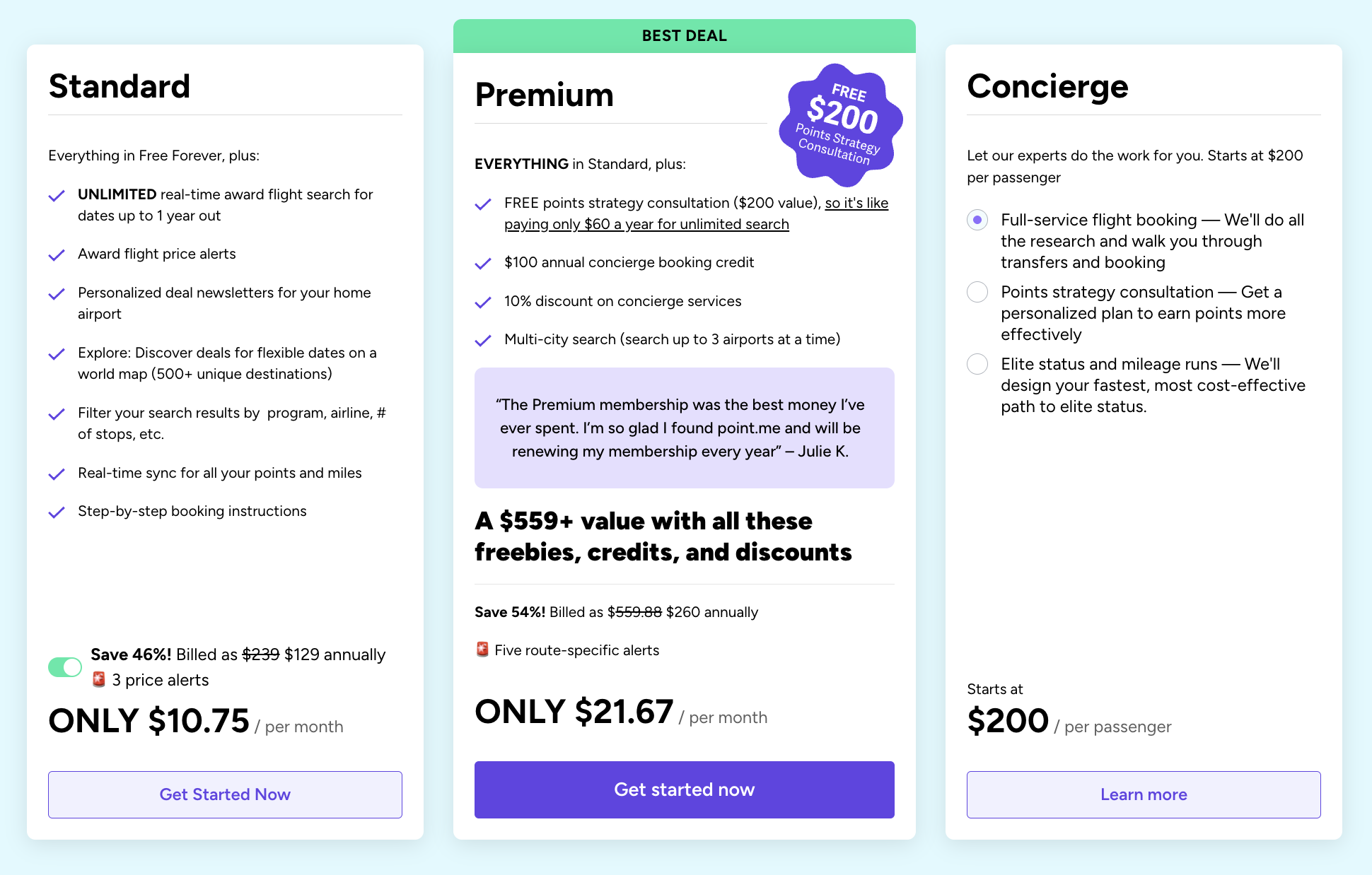 Point.me pricing plans with descriptions