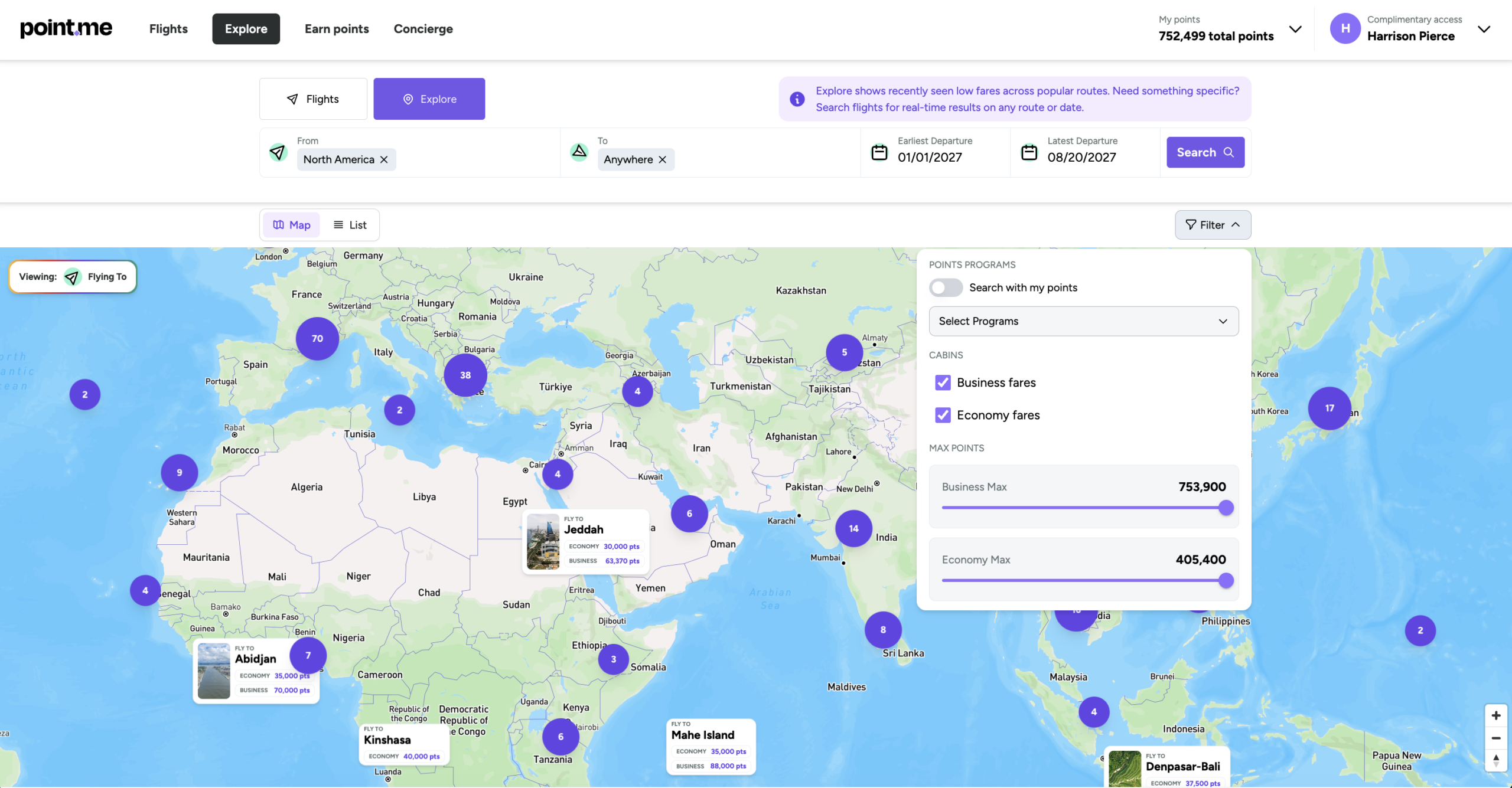 Point.me Explore tool showing a map of award flights in Europe, Asia, and Africa