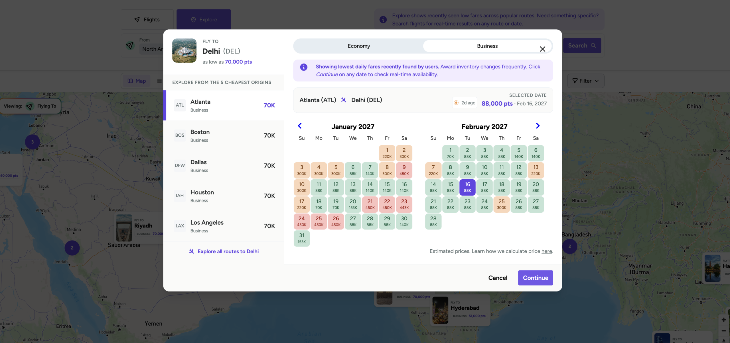 Point.me award calendar for flights to Delhi in January and February 2027. 