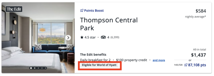Screenshot from Chase showing The Thompson Central Park as an eligible The Edit credit hotel with a red square around "eligible for World of Hyatt"