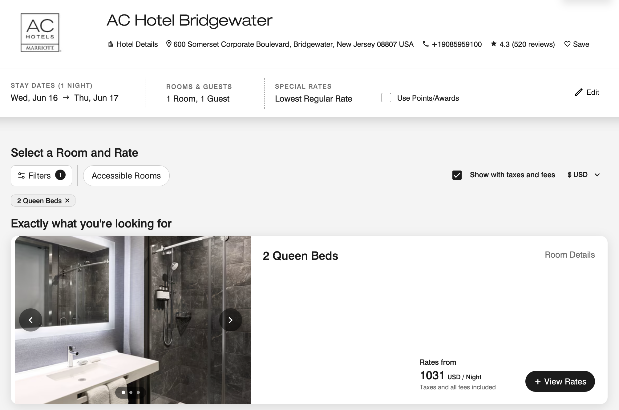 AC Hotel Bridgewater room search results in June 2027