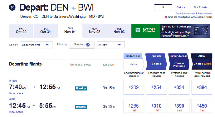 Fare options on Southwest booking page