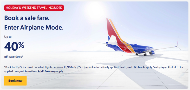 Southwest promo code banner image for 40% off