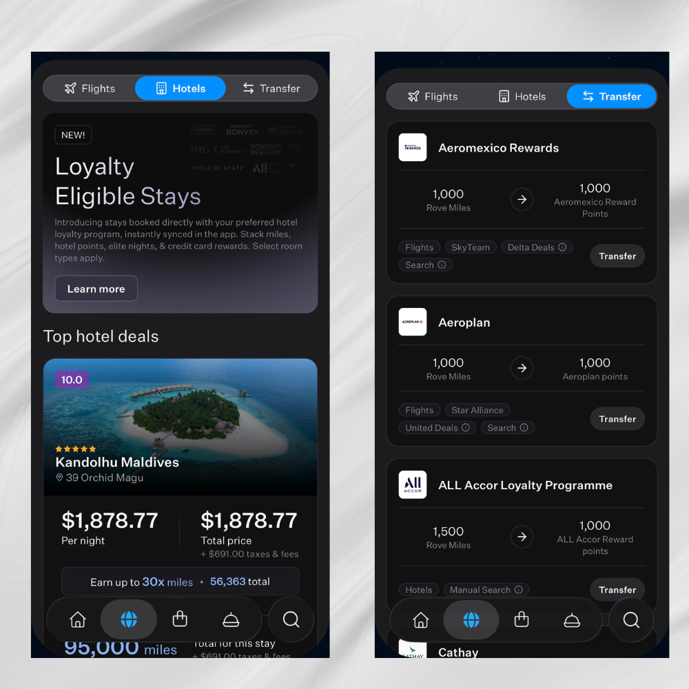 Rove app hotels and transfer feature