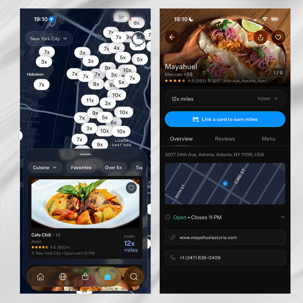 Rove Dining map and restaurant listing in the app