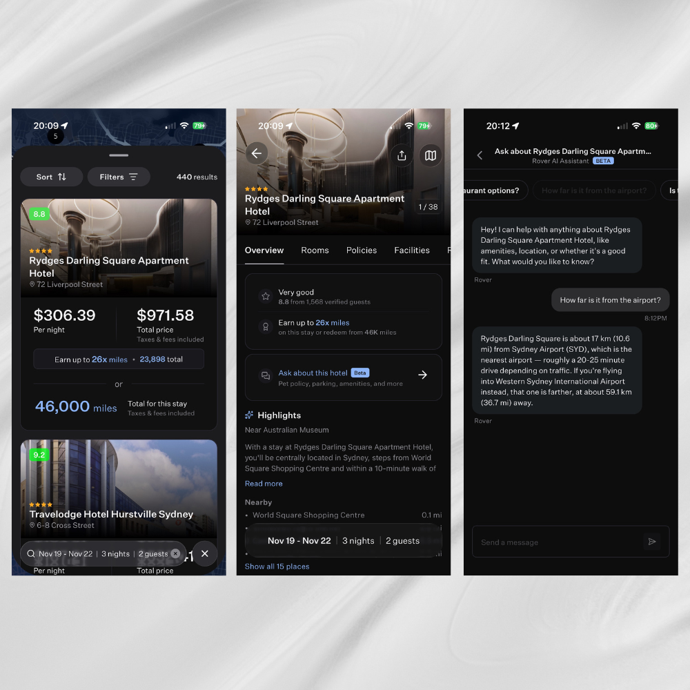 Rove app search feature progression showing AI tool for hotels