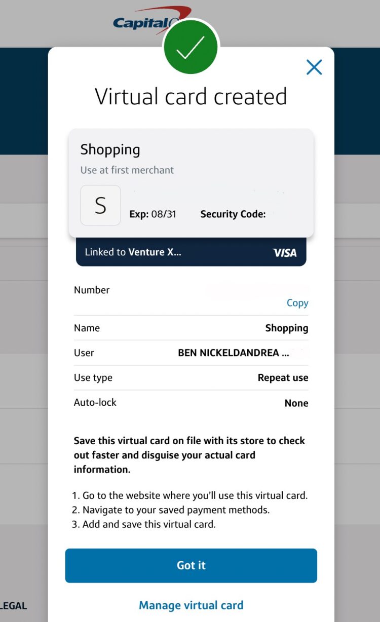Capital One app showing a virtual card was successfully created