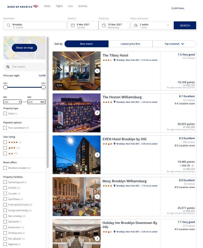 Using the Bank of America Travel Center to search for hotels