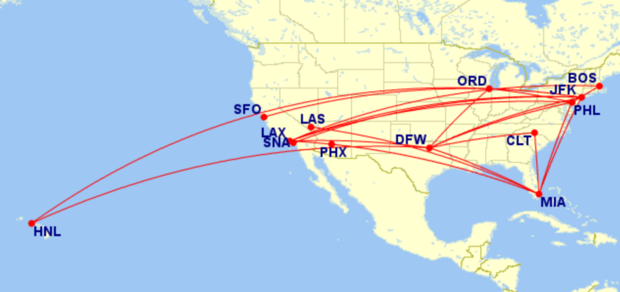 Map of domestic routes where American Airlines is flying lie-flat seats in October 2026