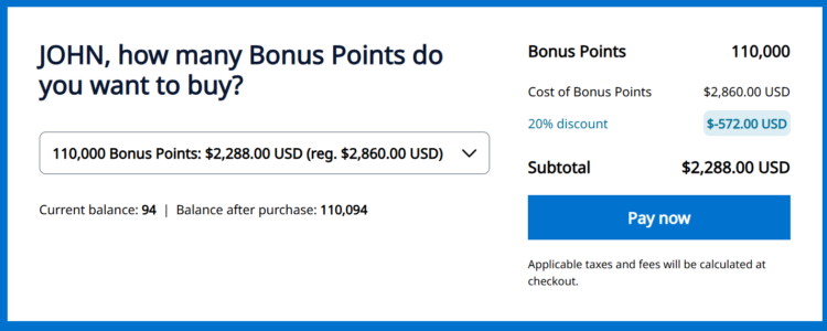 Buy Hyatt points with a 20% discount example
