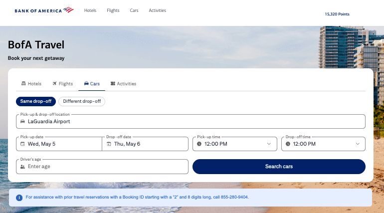 Using the Bank of America Travel Center to search for rental cars
