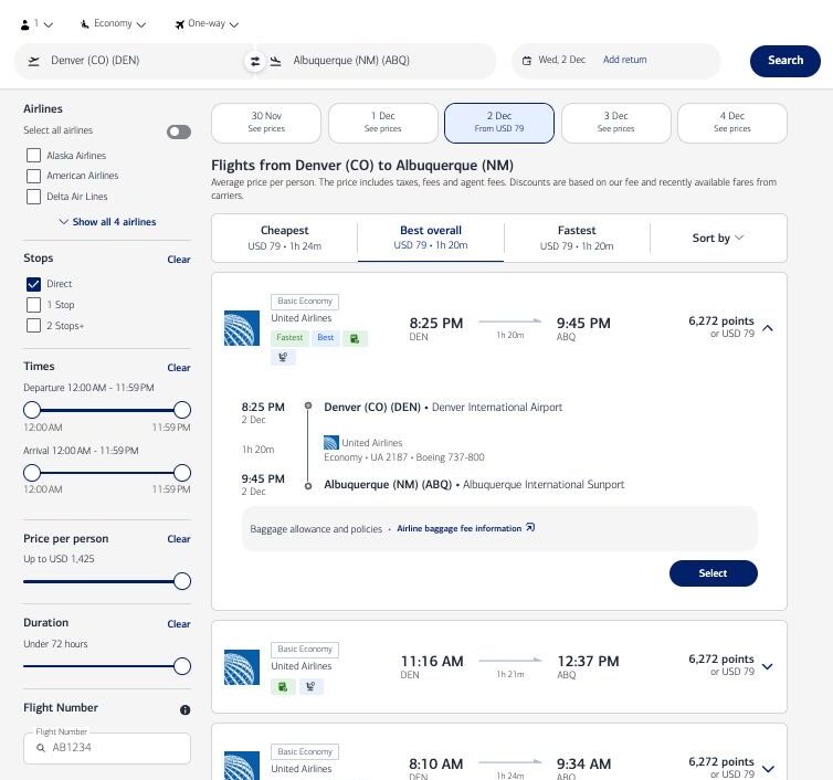 Using the Bank of America Travel Center to search for flights and reviewing a specific flight details