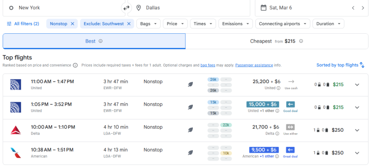 A search on Google Flights for a flight from Dallas to New York with the points path extension. Two flights show that the cash option is better while two other flights show that the points option is a good deal.