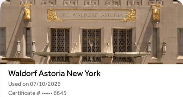 A screenshot that shows that the free night certificate was used for a night at the Waldorf Astoria. An image of the front of the Waldorf