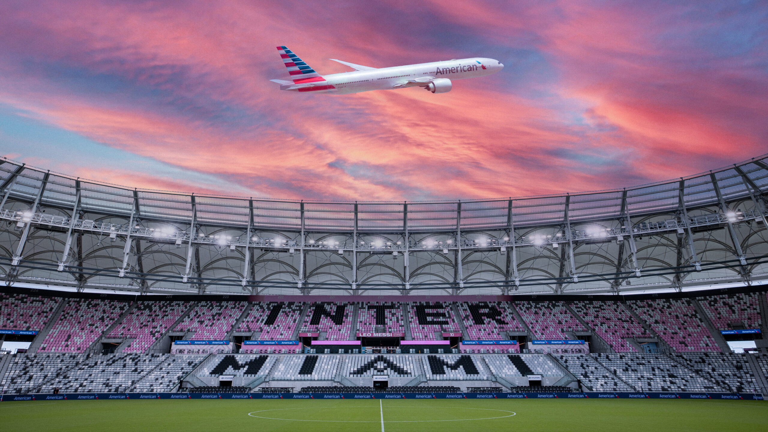 American Airlines plane flying over the Inter Miami stadium