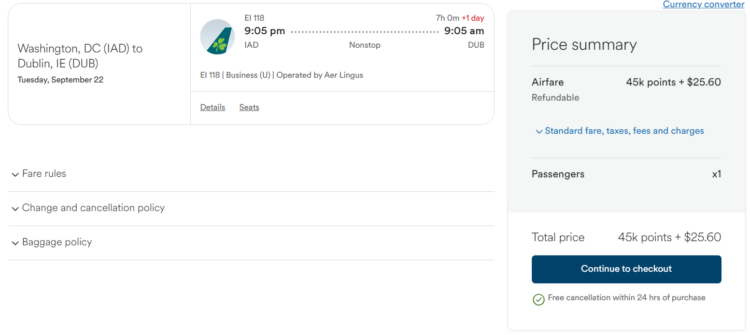 Alaska award booking for Aer Lingus business class from Washington to Dublin for 45,000 points
