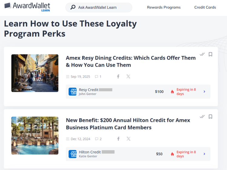 AwardWallet Learn page showing list of perks expiring soon