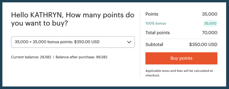 Example purchase of IHG One Rewards points with a 100% bonus during the current promotion