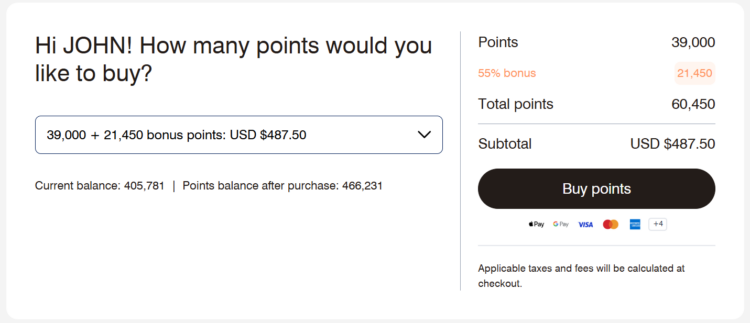 Example of buying Marriott points with a 55% bonus