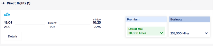Example Flying Blue Promo Reward ticket from Austin to Amsterdam in premium economy