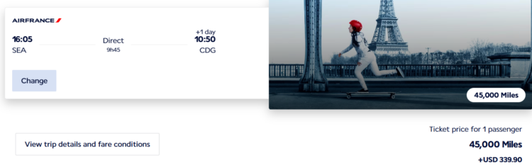 Example Flying Blue Promo Reward ticket from Seattle to Paris in business class