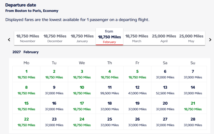 Flying Blue award calendar results for awards from Chicago to Paris