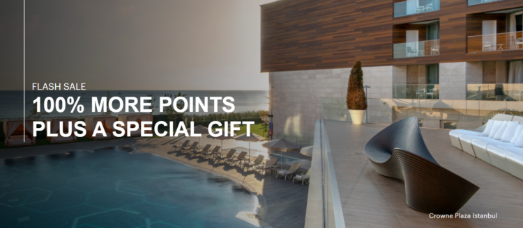 IHG buy points promo banner advertising 100% more points plus a special gift