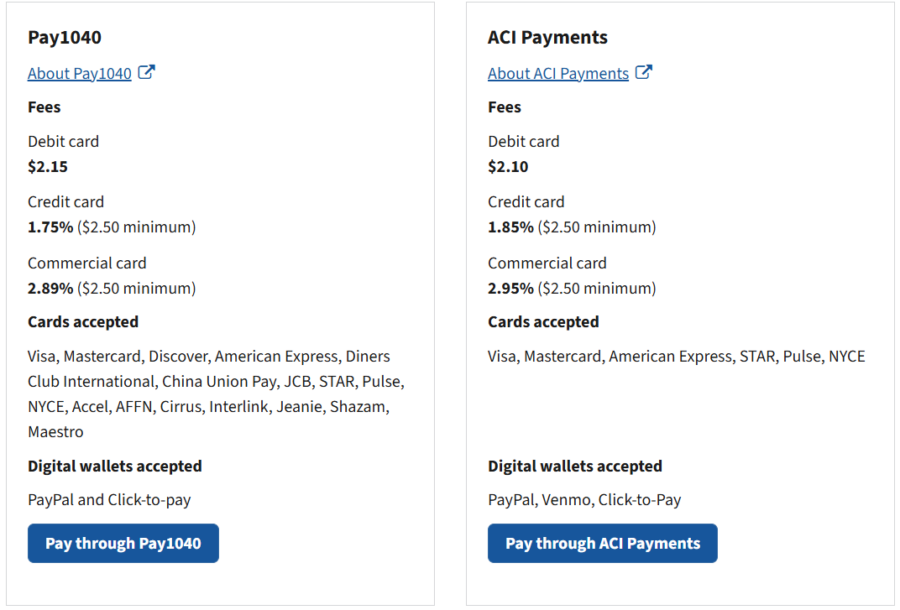 payment processors and fees to pay taxes with a credit card