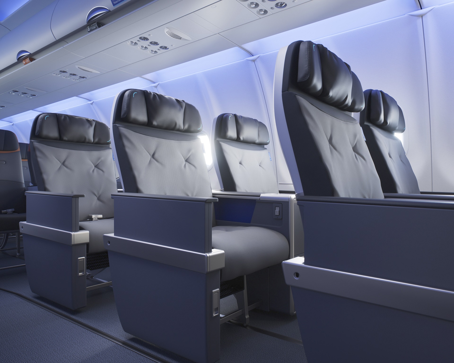 JetBlue's BlueFirst cabin showing three rows of two seats