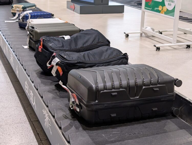 Checked bags on belt with priority tags