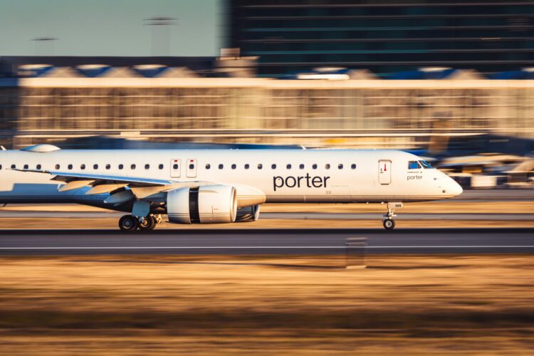 Porter Airlines jet landing on a runway