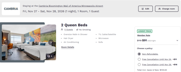 Cash rate for a room at Cambria Bloomington Mall of America Airport