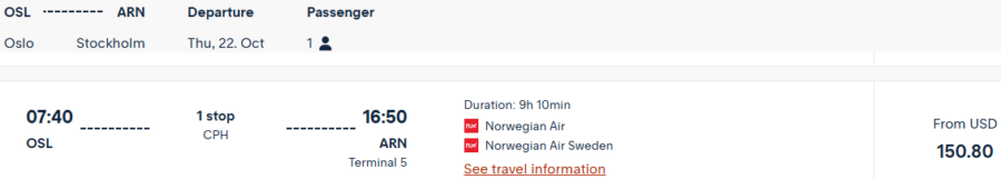 A Norwegian Air flight segment with a layover