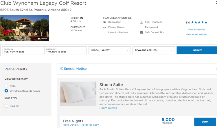 A 10,000-point stay using Wyndham Rewards points at Club Wyndham Legacy Golf Resort.