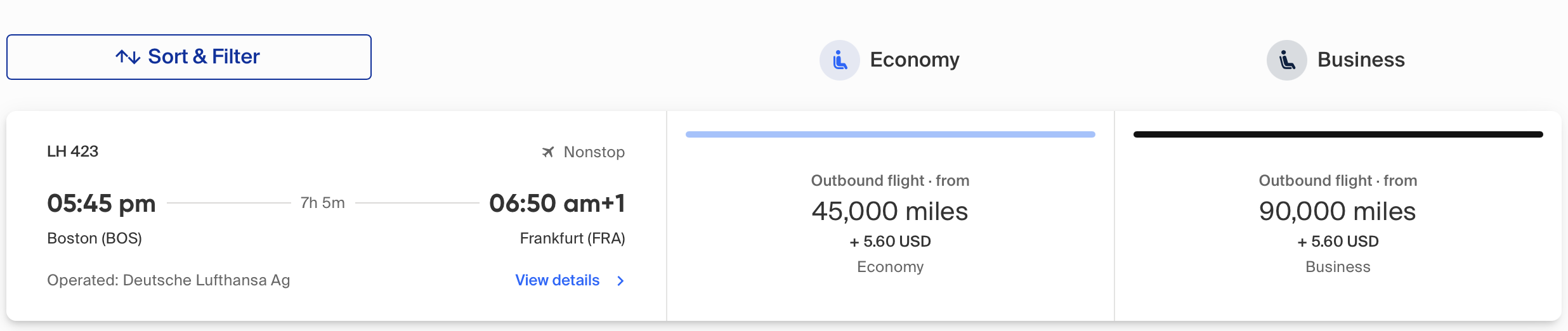 Copa award search result for flight from BOS to FRA on Lufthansa