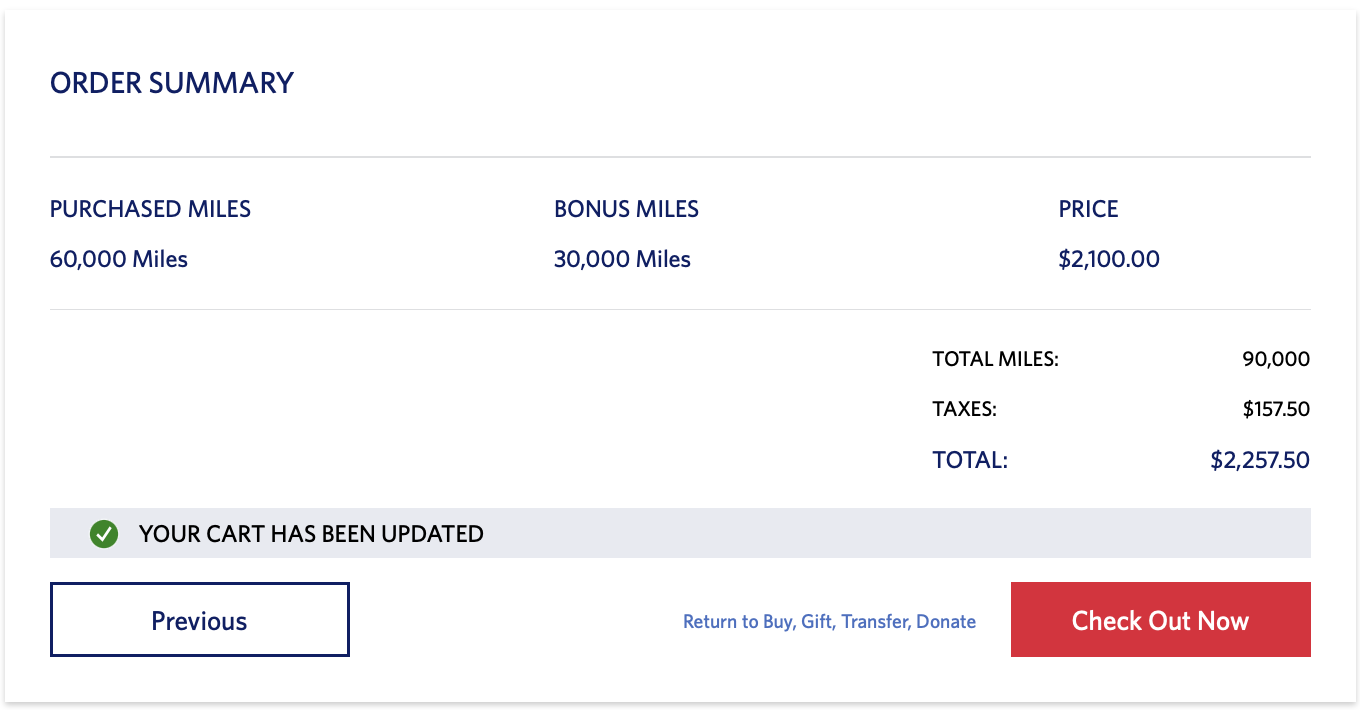 Delta buy miles with a 50% bonus order summary