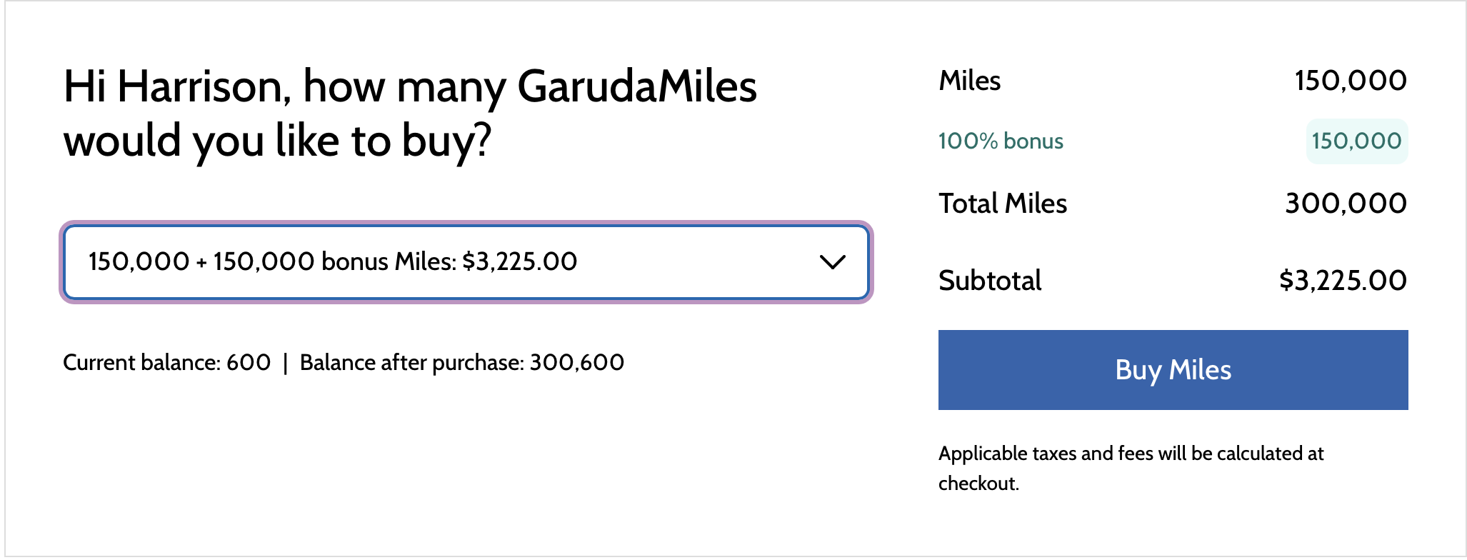 Buy GarduaMiles transaction page 