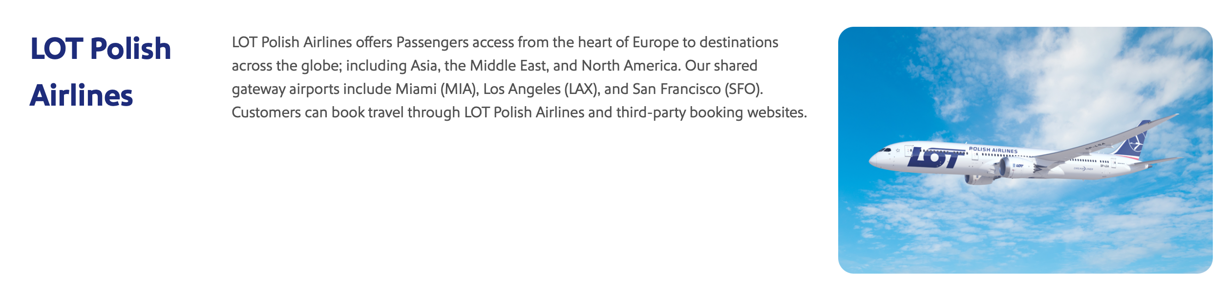 LOT Polish Airlines listing on Southwest's partner page