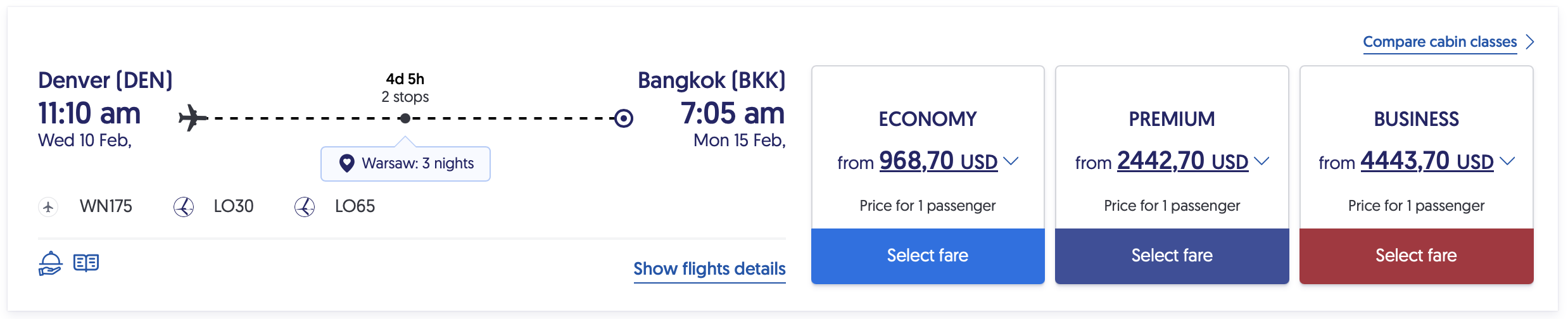 LOT Polish Airlines search result for a joint ticket with Southwest from DEN to BKK
