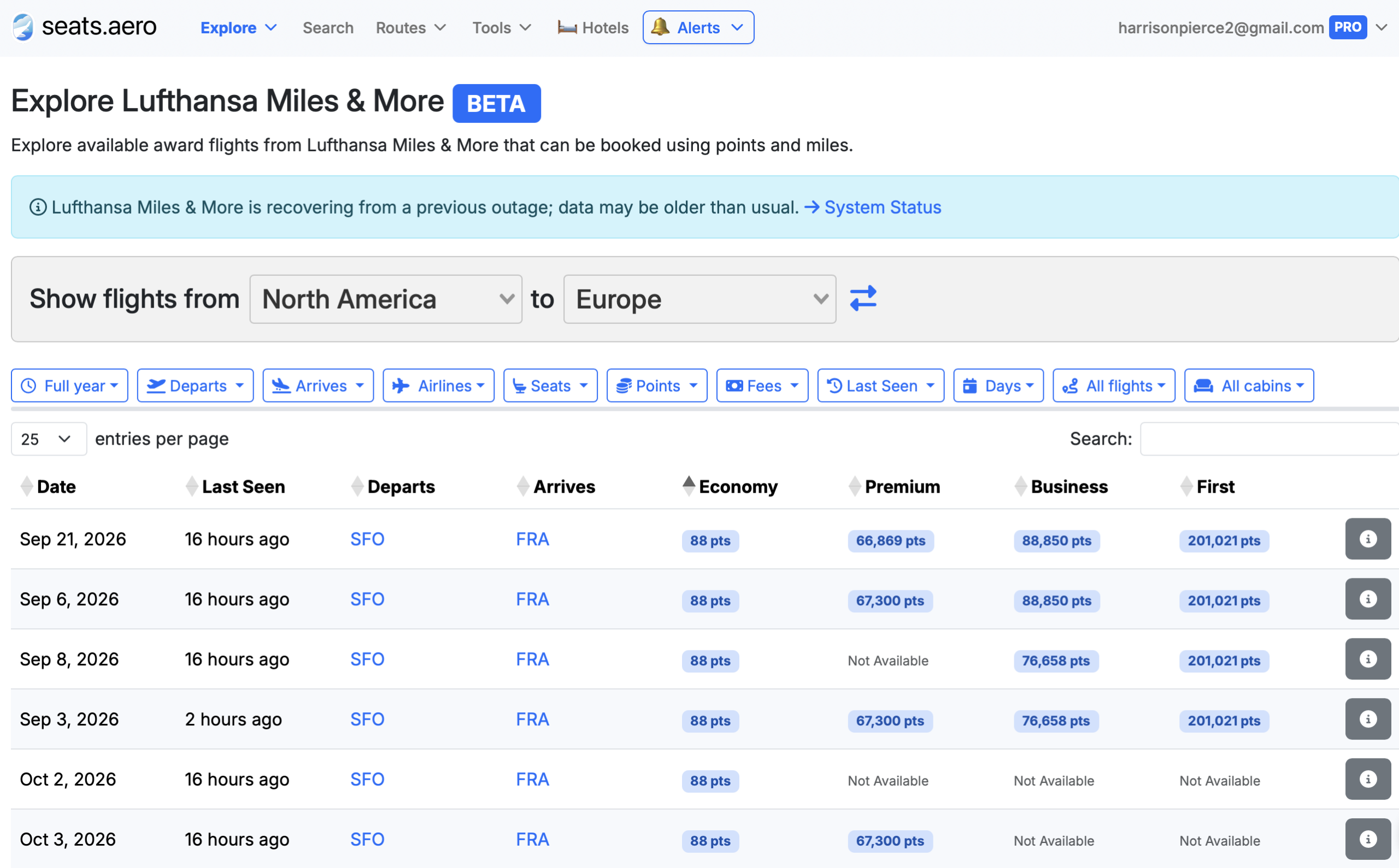 Seats.aero Explore tool showing Lufthansa awards from 88 miles each way