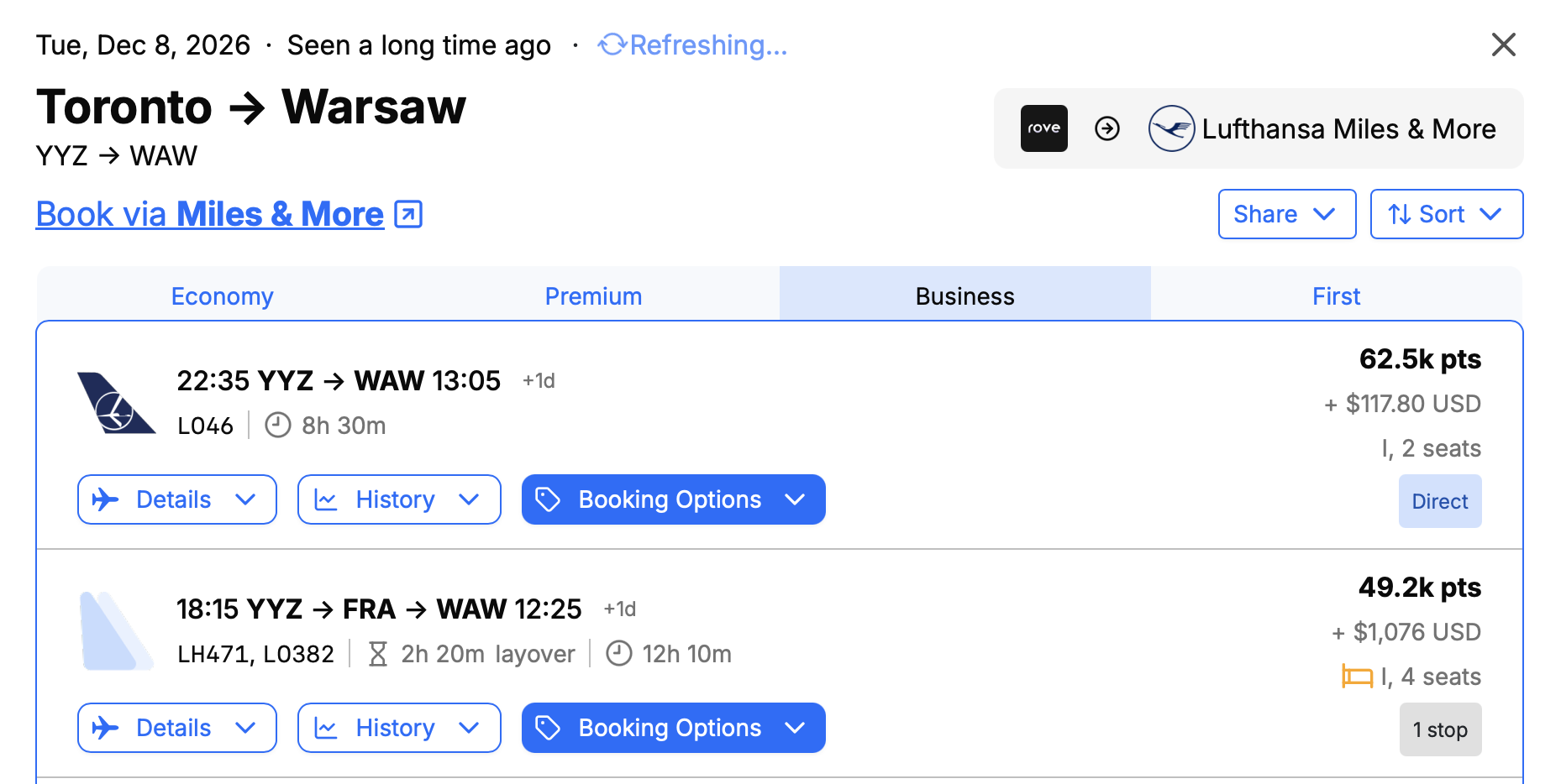 Seats.aero booking options for a flight from Toronto to Warsaw